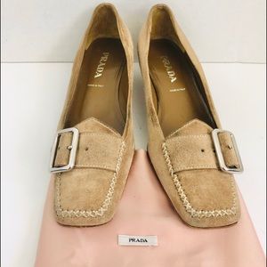 PRADA Suede Buckle Kitten Loafer